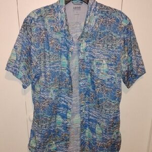 Izod Blue & Teal Tropical Sailboat Button-Down Shirt